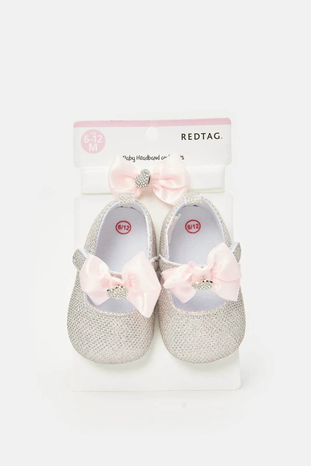 Babies Silver And White Bow Pram Shoe With Headband Set (2 Piece)