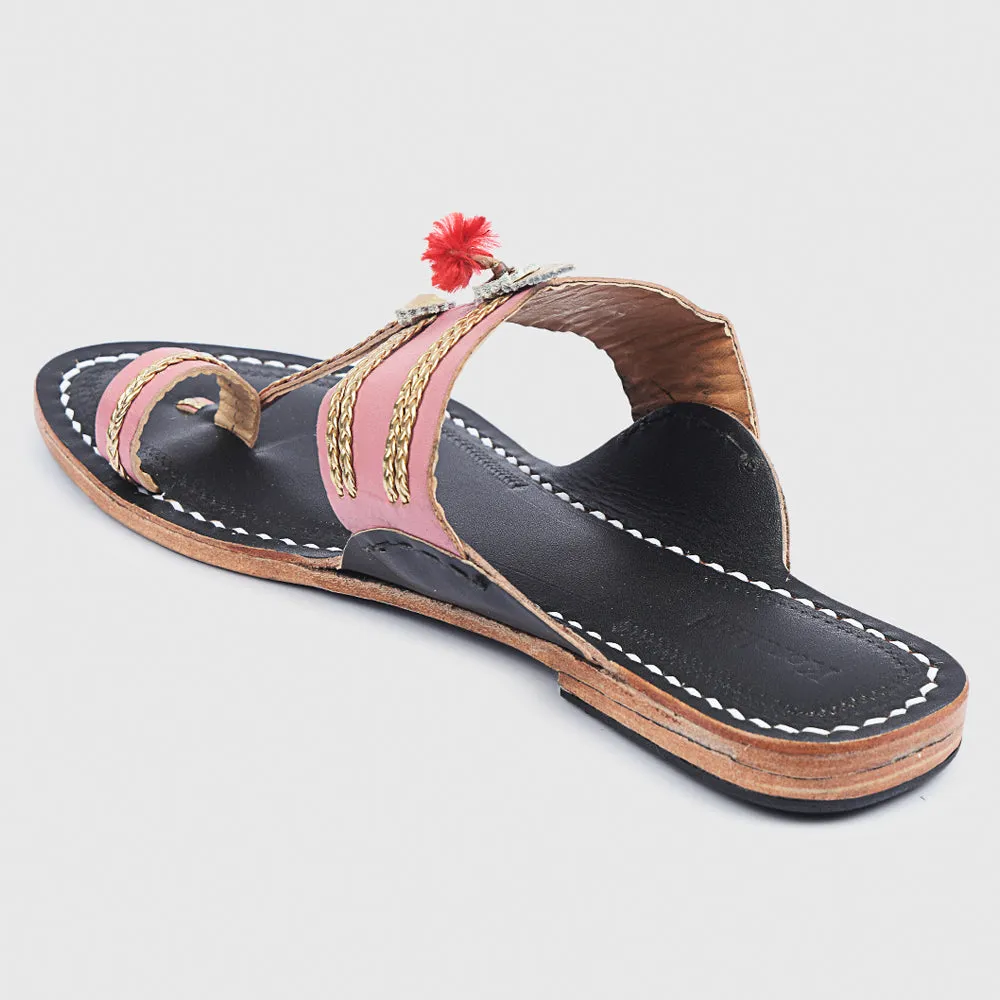 Baby Pink & Black Handstitched Leather Kolhapuri Women Slipper