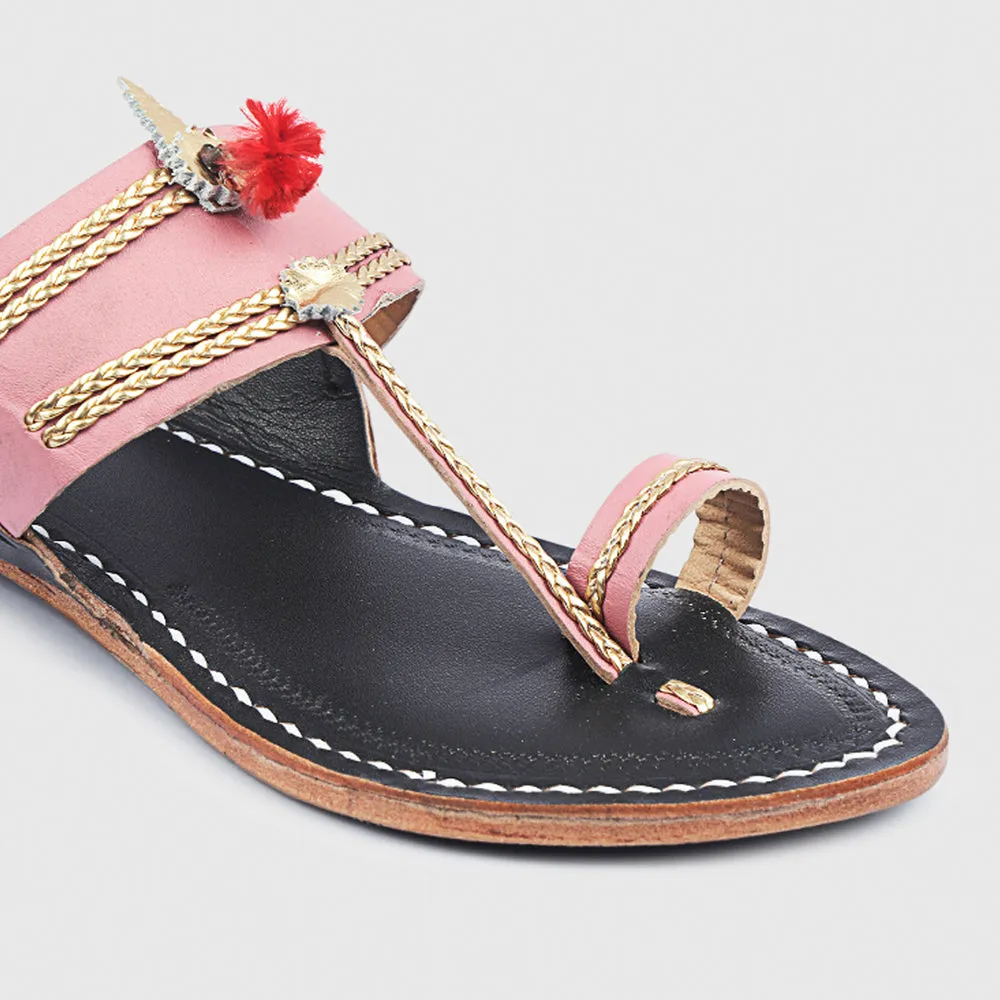 Baby Pink & Black Handstitched Leather Kolhapuri Women Slipper