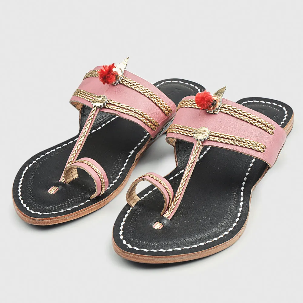 Baby Pink & Black Handstitched Leather Kolhapuri Women Slipper