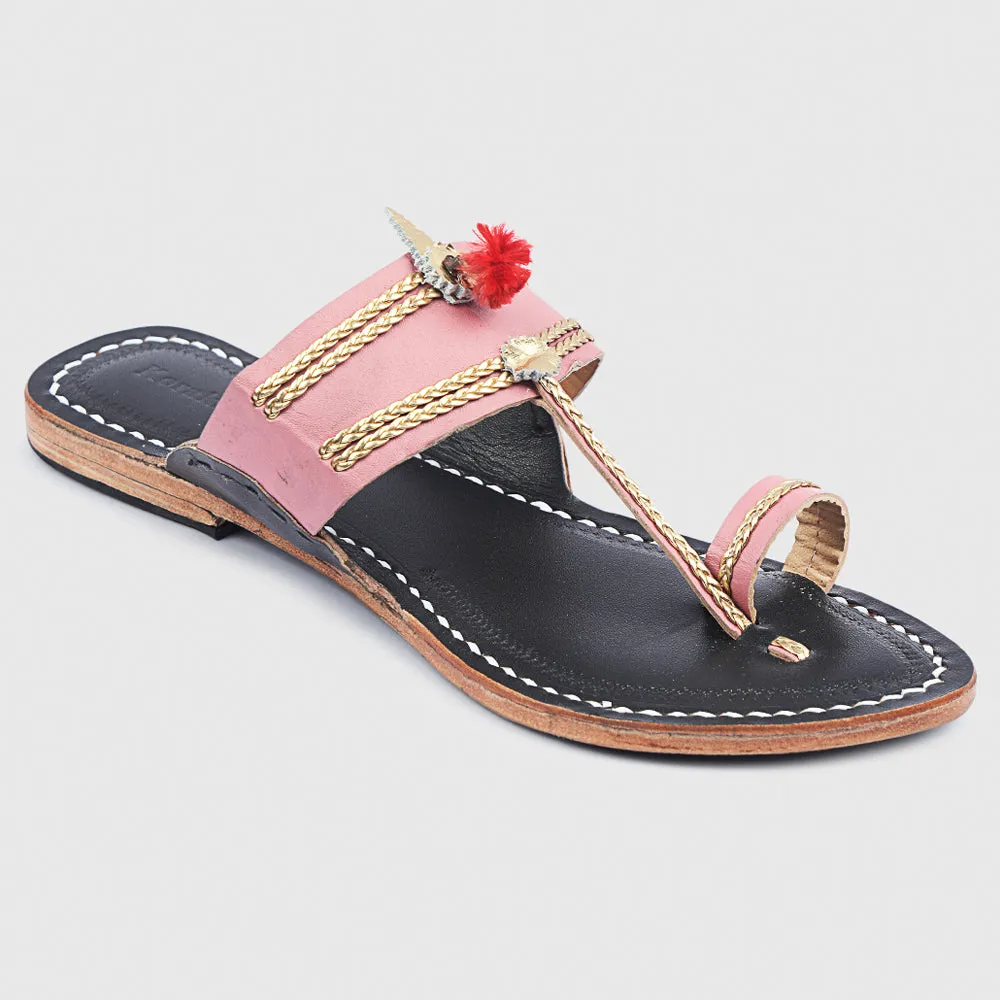 Baby Pink & Black Handstitched Leather Kolhapuri Women Slipper