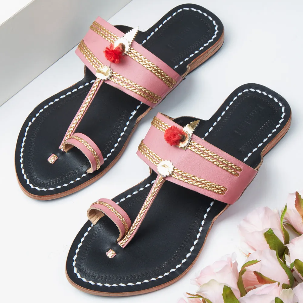 Baby Pink & Black Handstitched Leather Kolhapuri Women Slipper