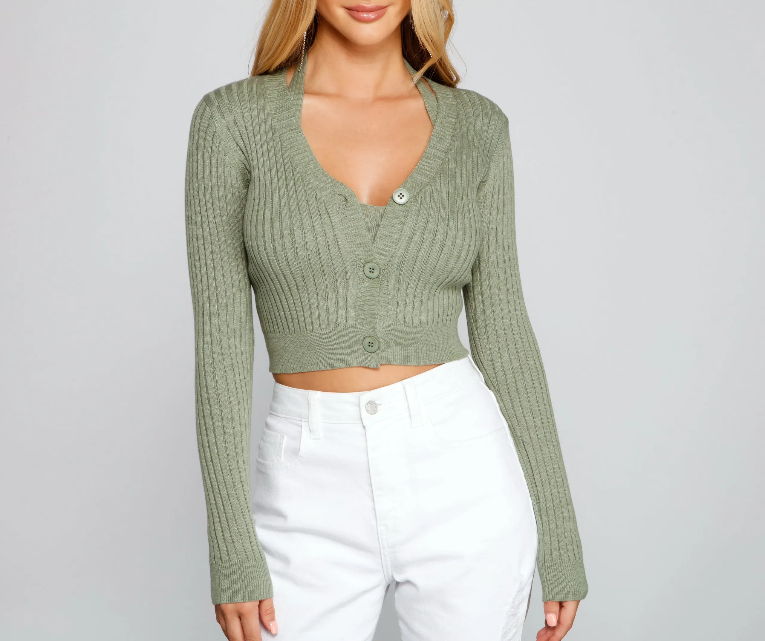 Basic Ribbed Knit Cropped Cardigan