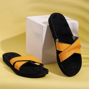 Black & Yellow Handcrafted Women's Leather Slippers with Suede