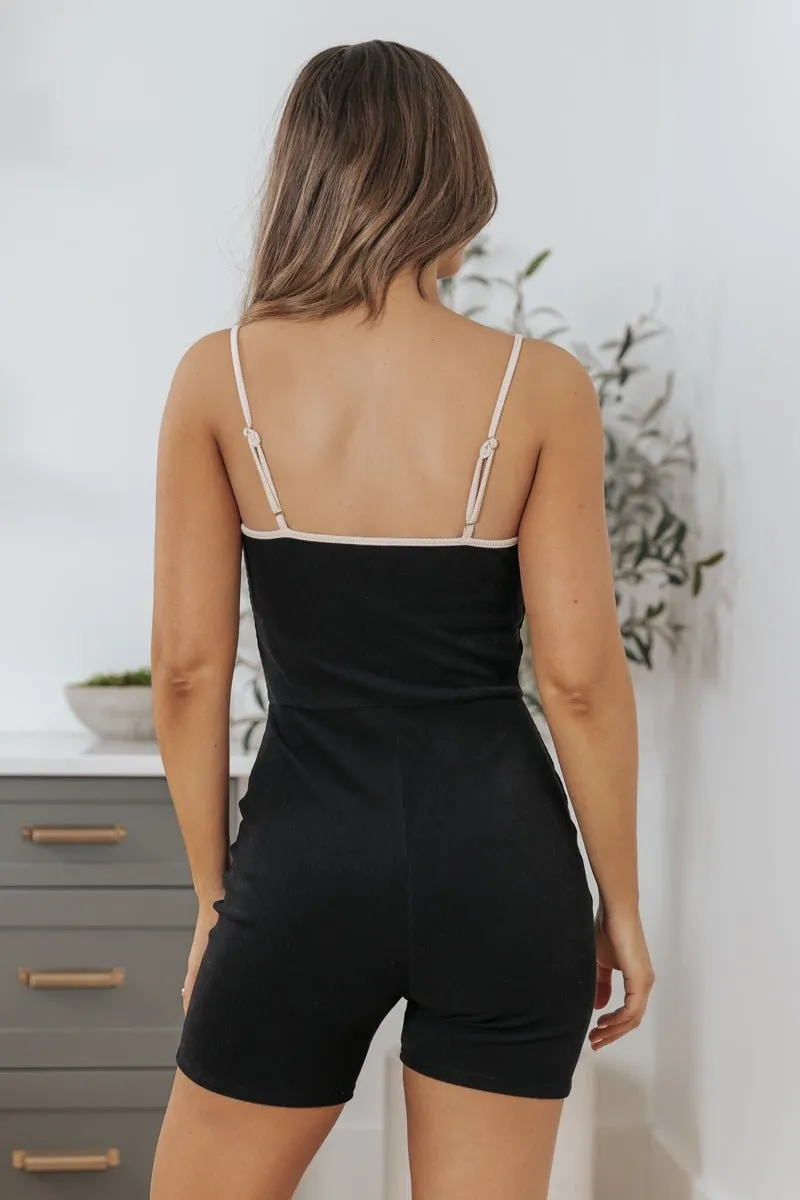 Black Contrast Ribbed Romper - DOORBUSTER