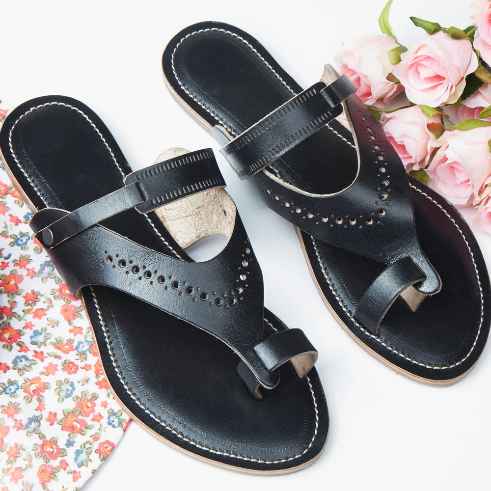 Black Handstitched Leather Kolhapuri Women Slipper