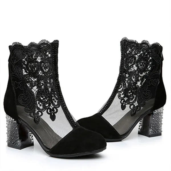 Black Lace Rough Heels Boots(1 Pair)