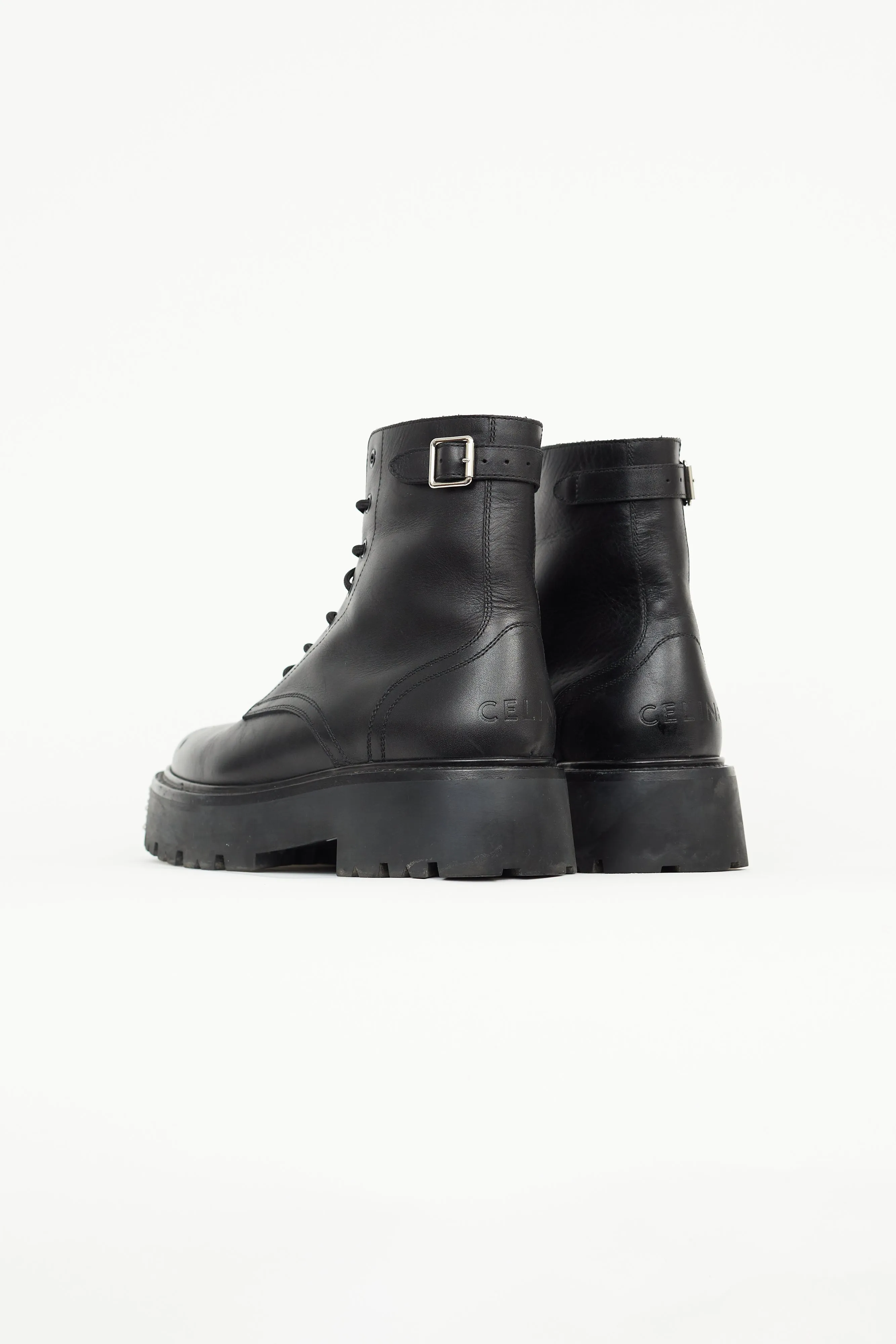 Black Leather Bulky Lace Up Boot