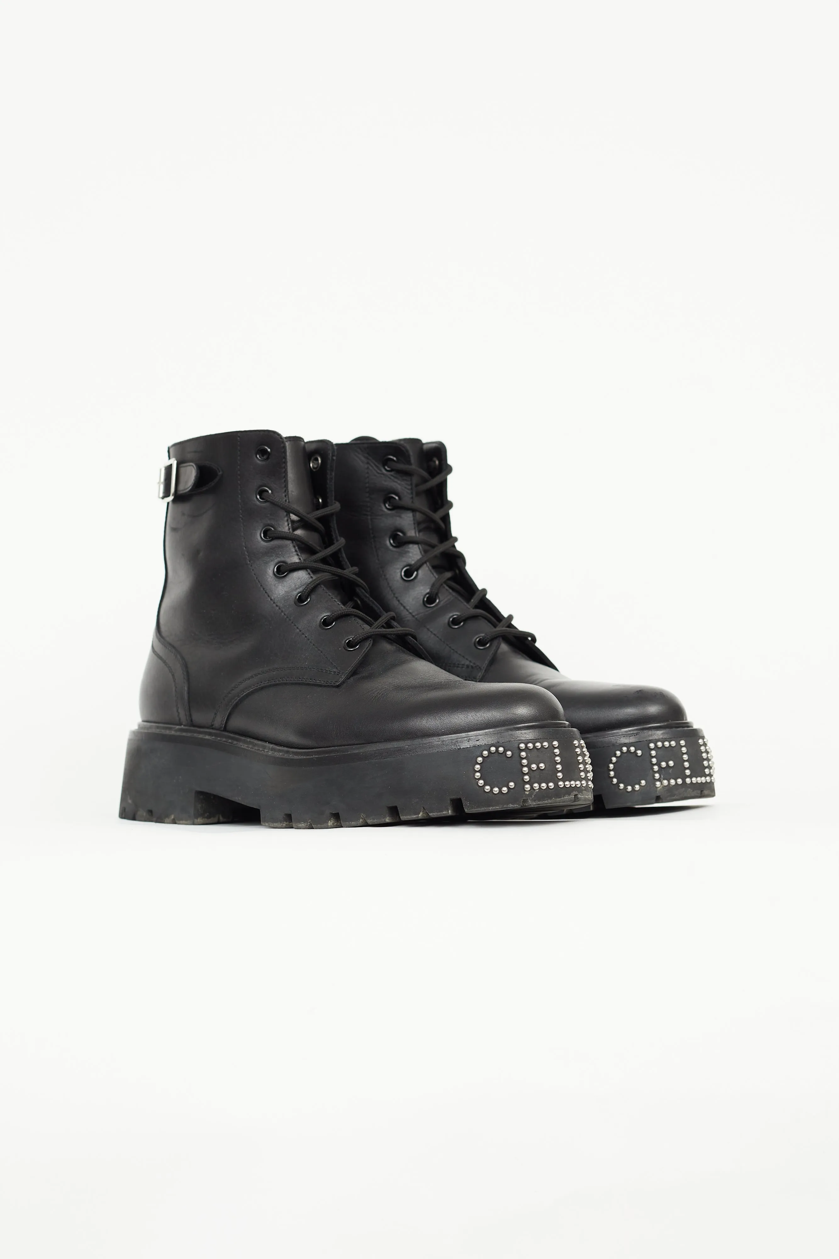 Black Leather Bulky Lace Up Boot