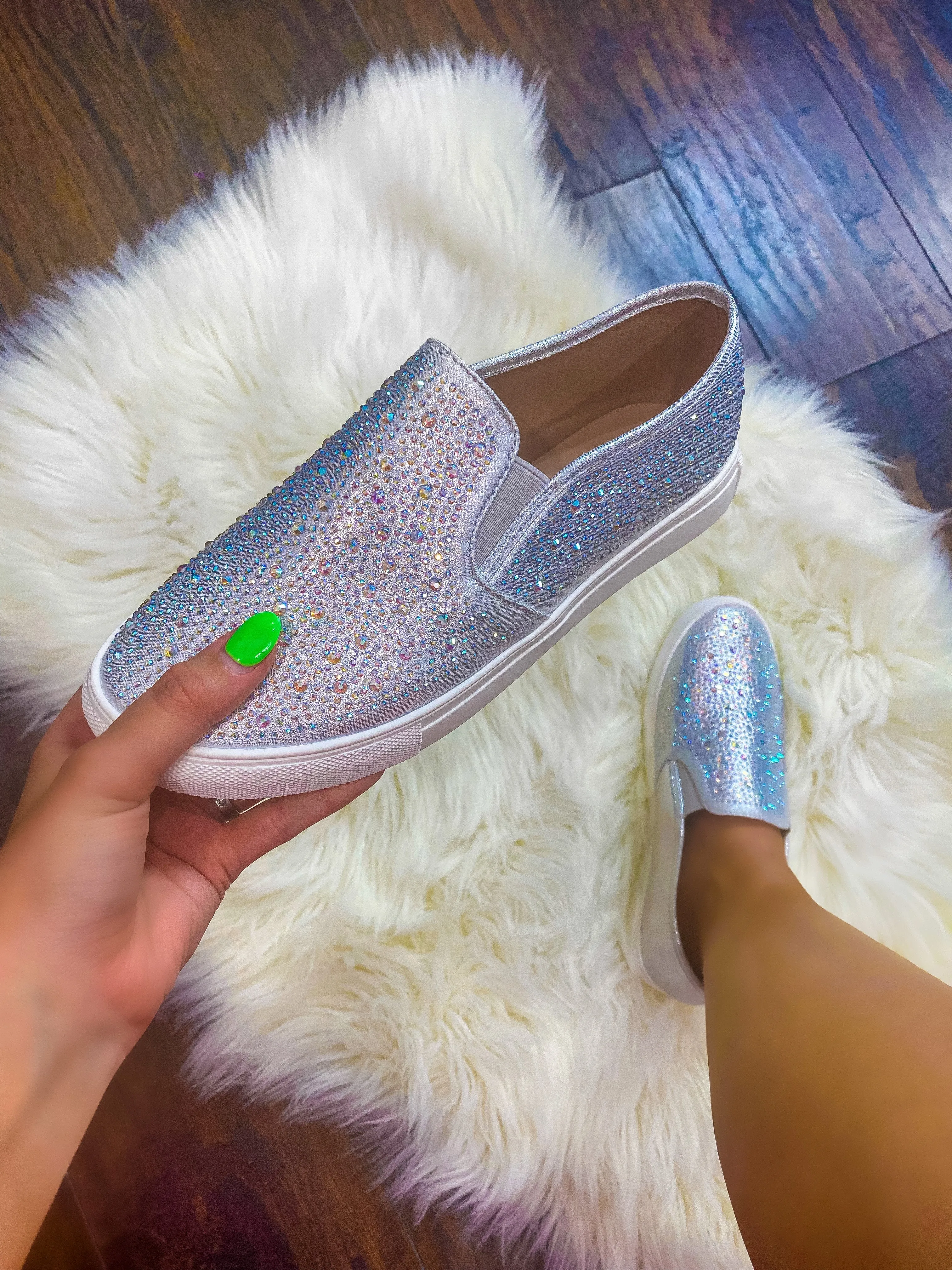 Bliss AB Rhinestone Slip On Sneakers - Silver