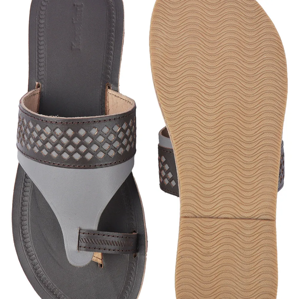 Brown & Grey Handstitched Leather Kolhapuri Men Sandal