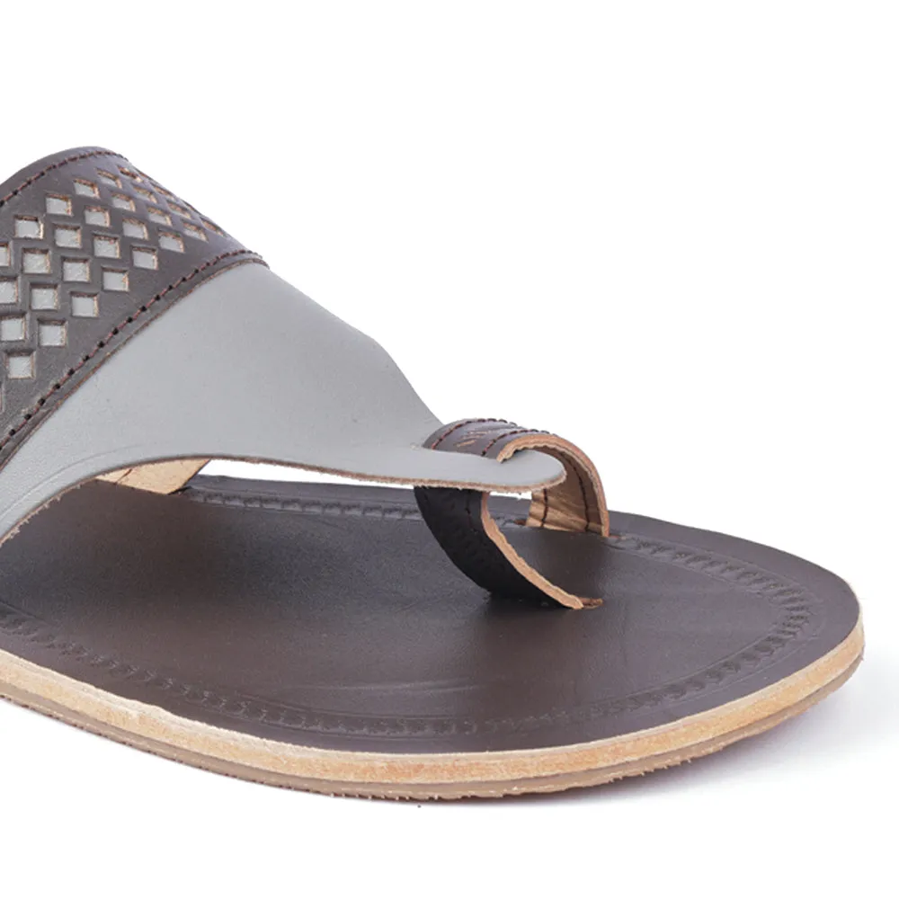 Brown & Grey Handstitched Leather Kolhapuri Men Sandal