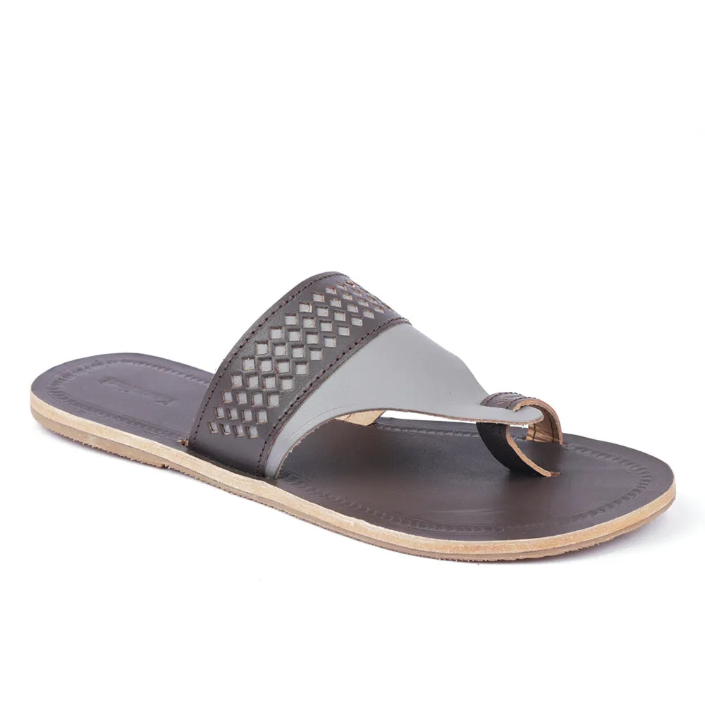 Brown & Grey Handstitched Leather Kolhapuri Men Sandal