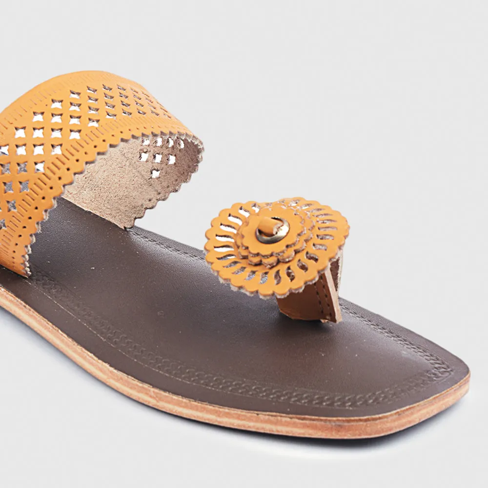 Brown & Yellow Handstitched Leather Kolhapuri Women Slipper