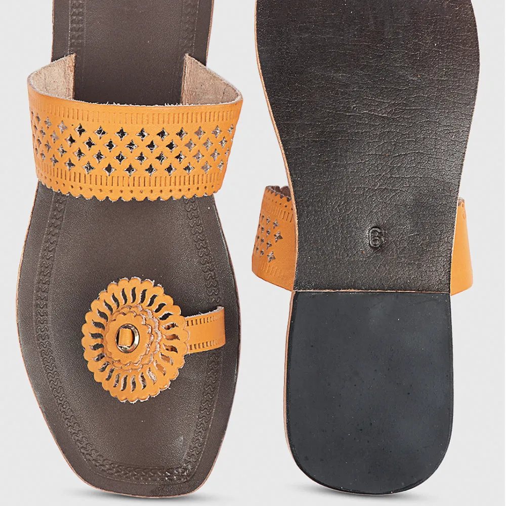 Brown & Yellow Handstitched Leather Kolhapuri Women Slipper