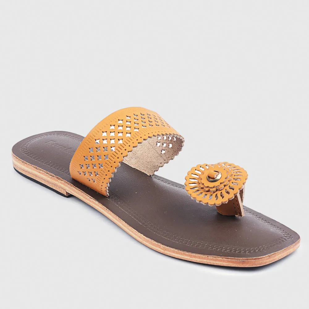 Brown & Yellow Handstitched Leather Kolhapuri Women Slipper