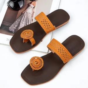 Brown & Yellow Handstitched Leather Kolhapuri Women Slipper