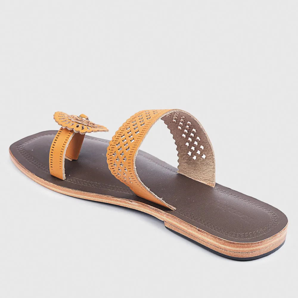 Brown & Yellow Handstitched Leather Kolhapuri Women Slipper