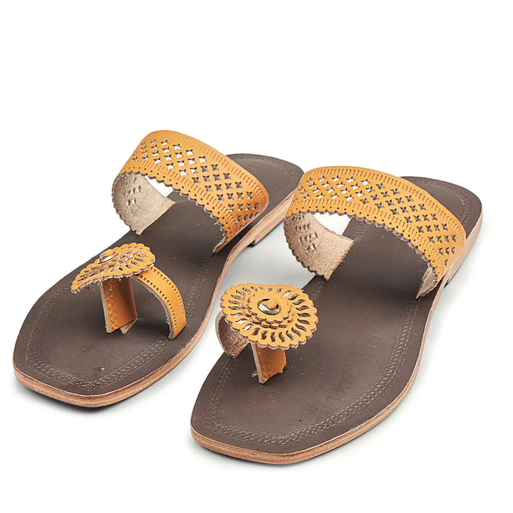 Brown & Yellow Handstitched Leather Kolhapuri Women Slipper