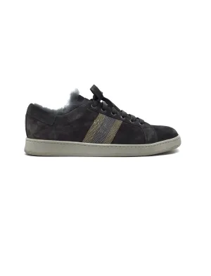 Brunello Cucinelli Suede Monili Striped Fur Trim Sneakers