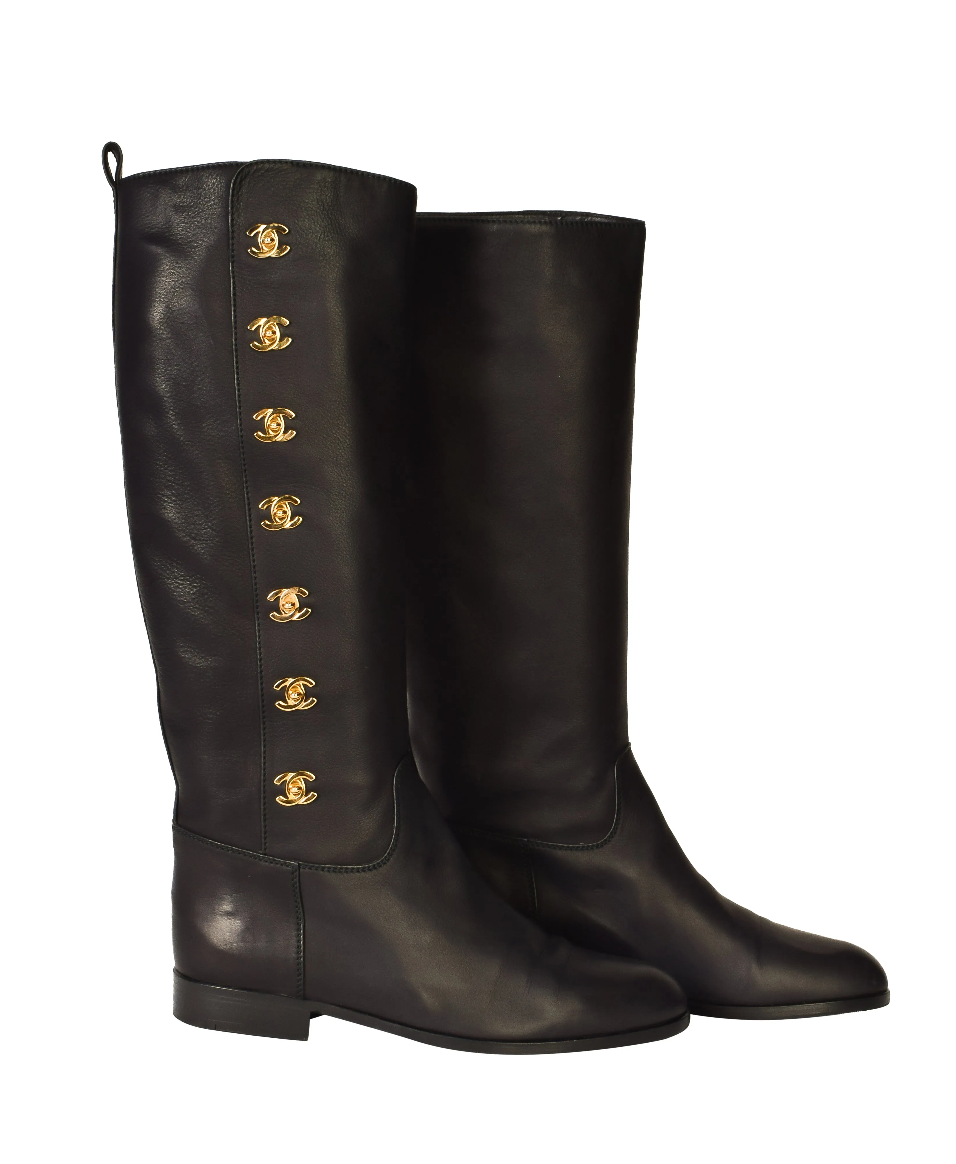 Chanel Vintage AW 1996 Ultra Rare Black Leather Gold Plated CC Logo Turnlock Knee High Boots