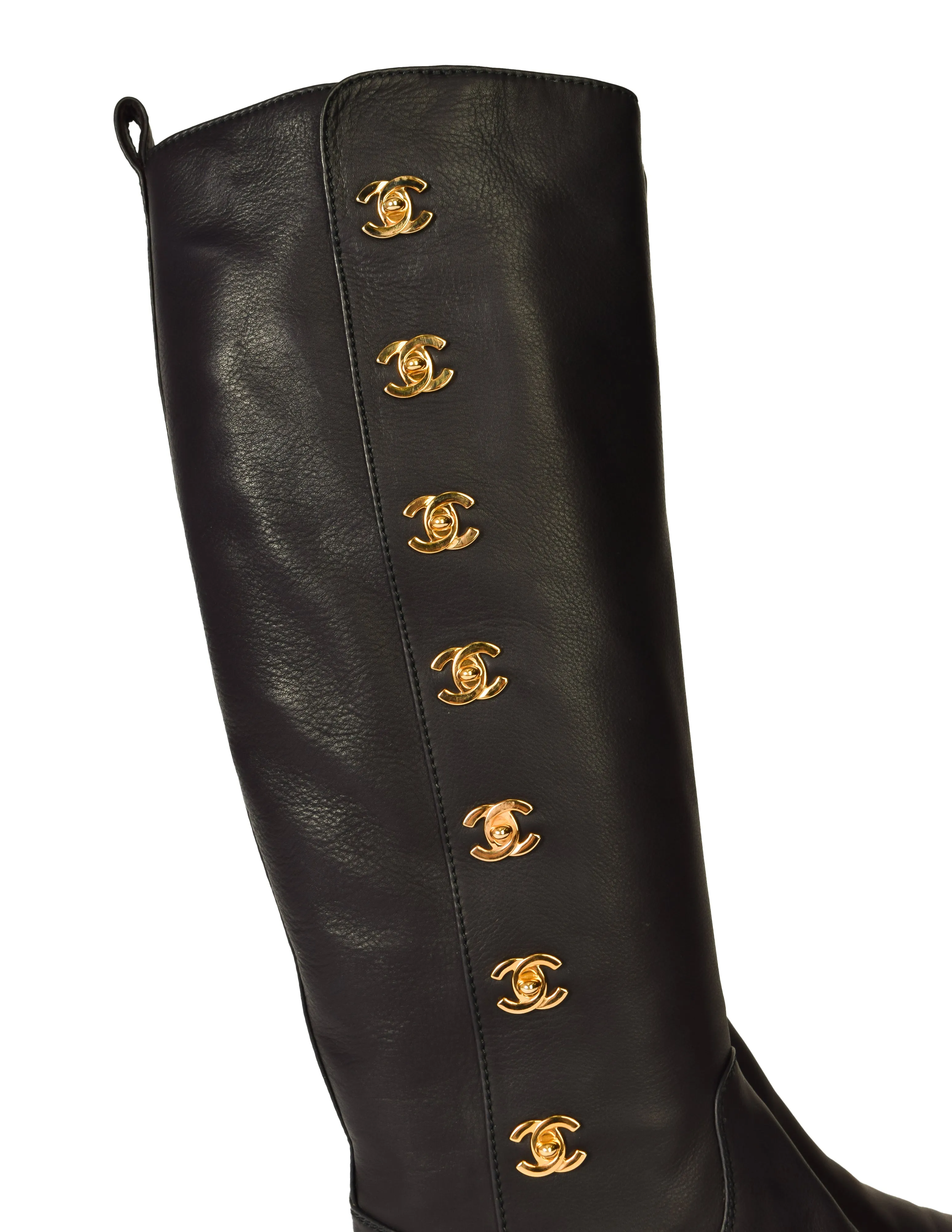 Chanel Vintage AW 1996 Ultra Rare Black Leather Gold Plated CC Logo Turnlock Knee High Boots