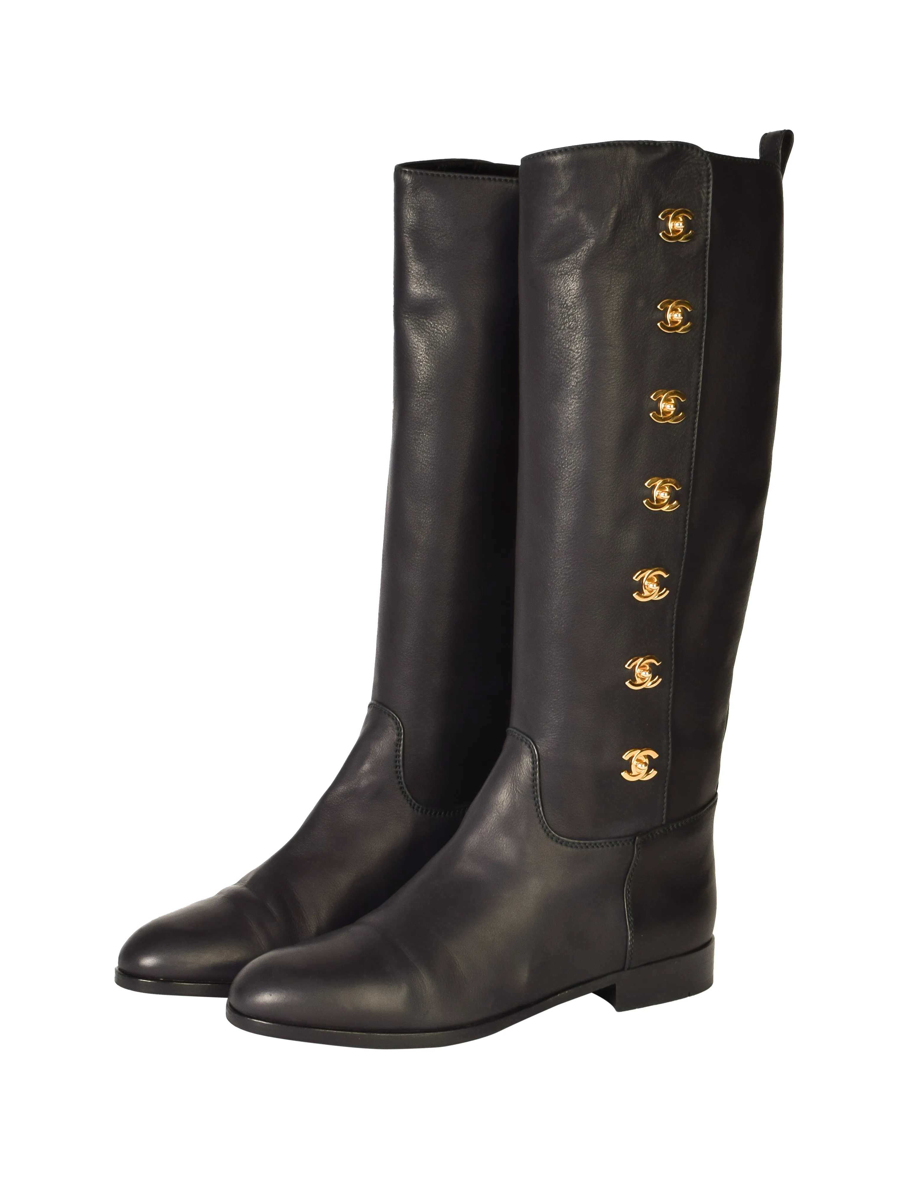 Chanel Vintage AW 1996 Ultra Rare Black Leather Gold Plated CC Logo Turnlock Knee High Boots