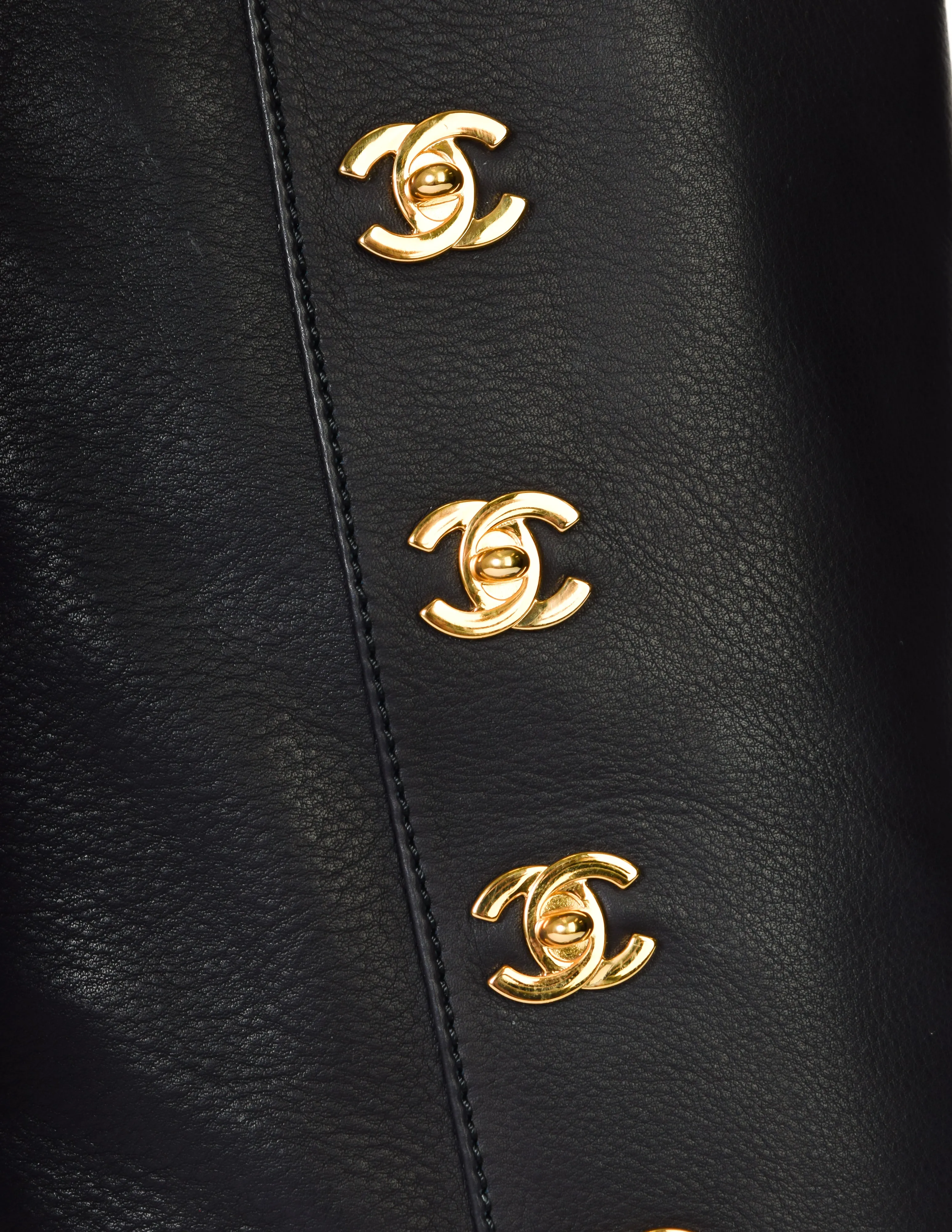 Chanel Vintage AW 1996 Ultra Rare Black Leather Gold Plated CC Logo Turnlock Knee High Boots