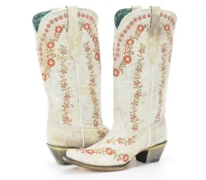 Corral Women's White with Pink Flower Embroidered Tall Cowboy Boots A4455