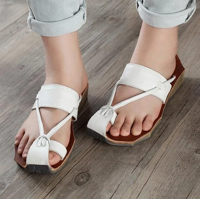 Cowhide Leather Sandals Wave Edge Sole Split Toe Slippers