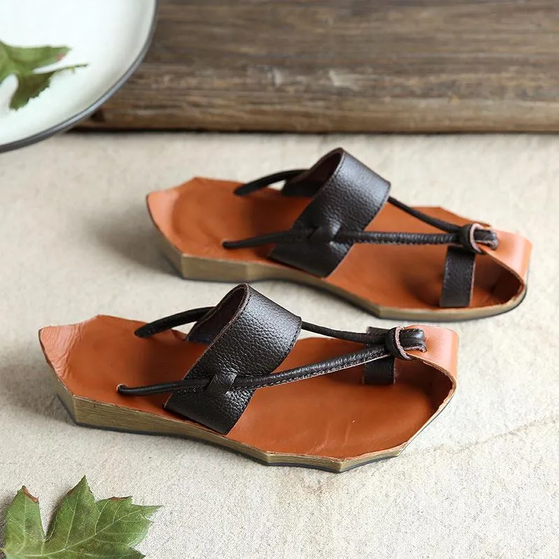 Cowhide Leather Sandals Wave Edge Sole Split Toe Slippers