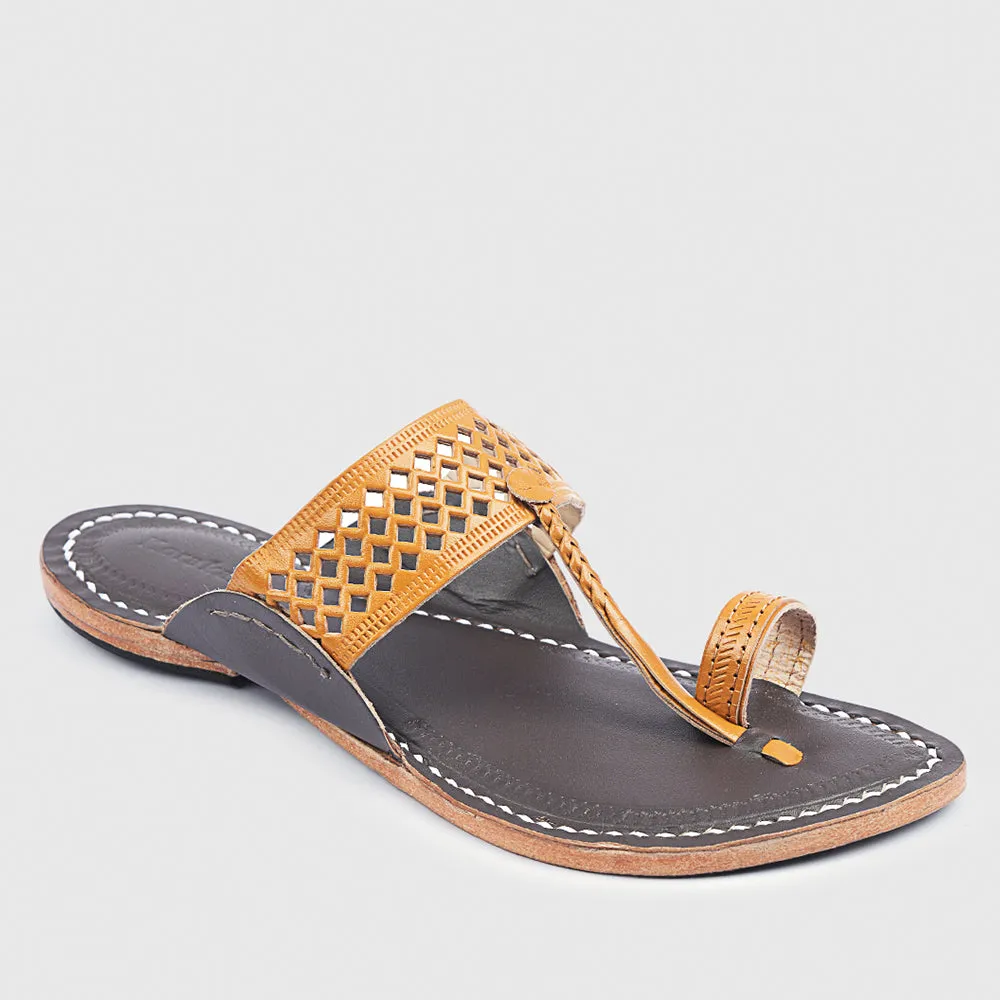 Dark Brown & Yellow Handstitched Leather Kolhapuri Men Slipper