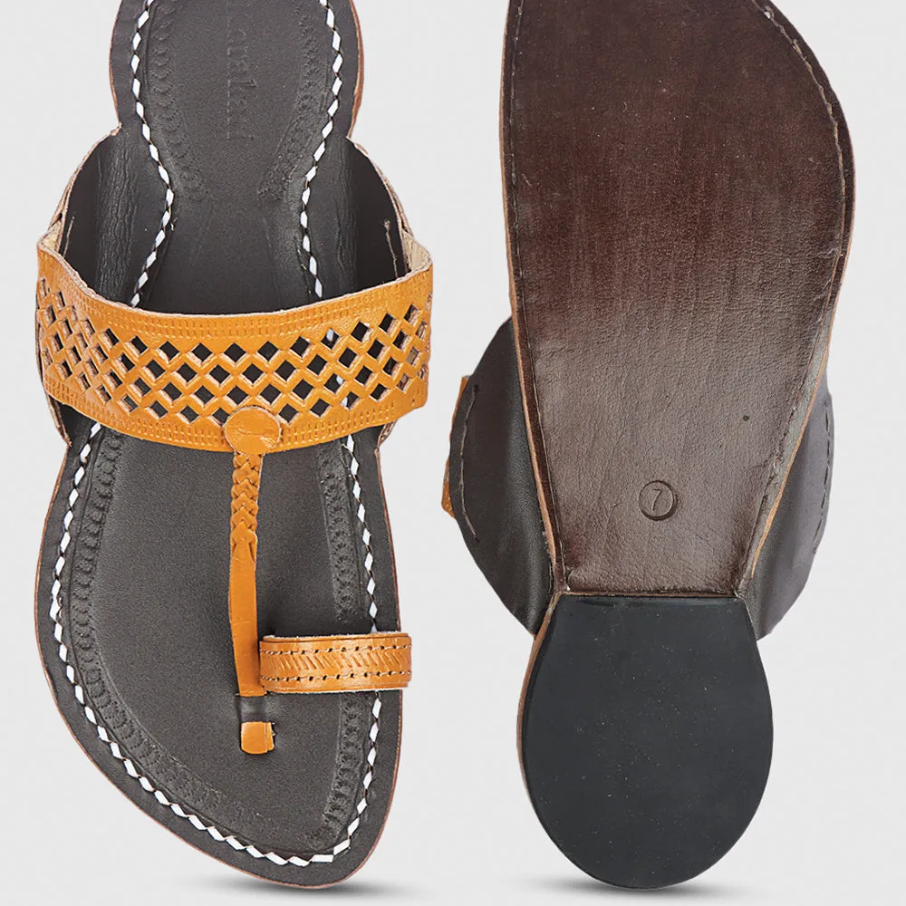 Dark Brown & Yellow Handstitched Leather Kolhapuri Men Slipper