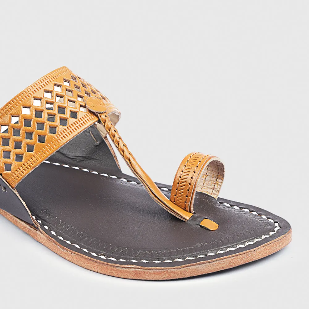 Dark Brown & Yellow Handstitched Leather Kolhapuri Men Slipper