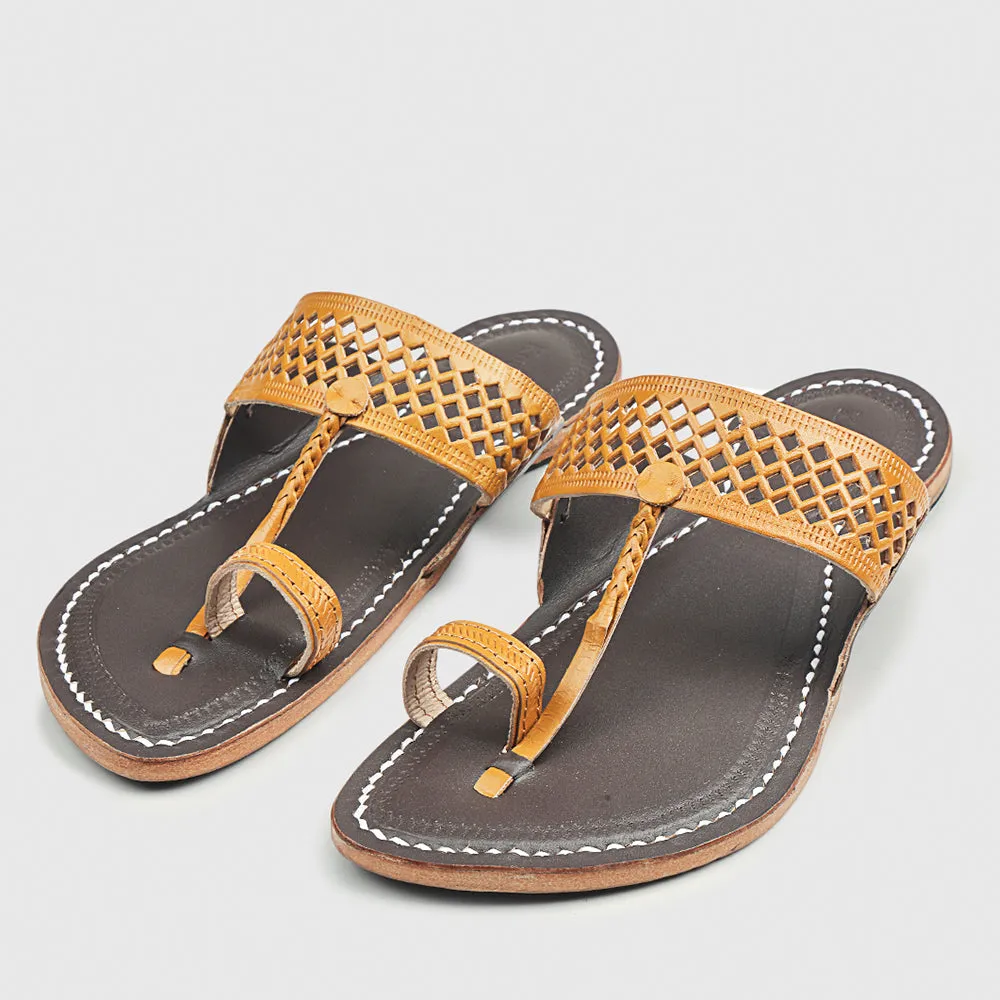 Dark Brown & Yellow Handstitched Leather Kolhapuri Men Slipper