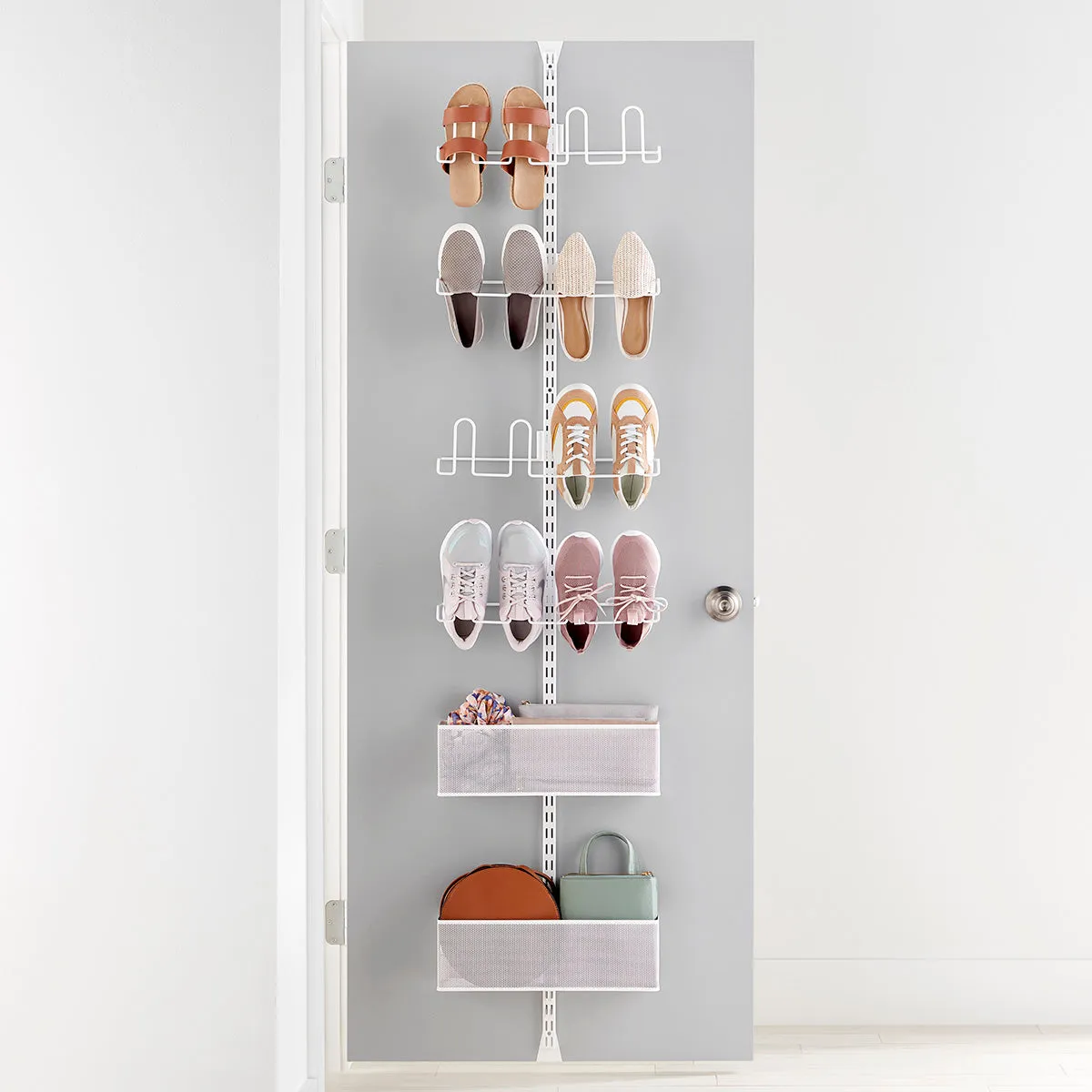 Elfa Shoe Wall & Door Rack- 4 Shoe Rack & 1 Medium & 1 Large Mesh Basket