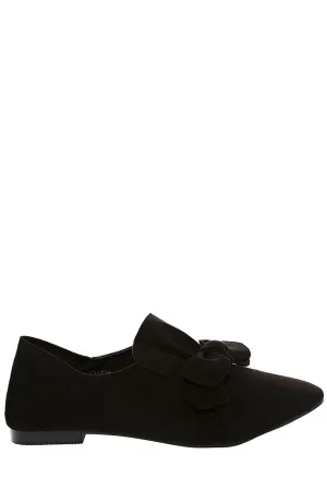 Faux Suede Bow Flat Shoe in Black