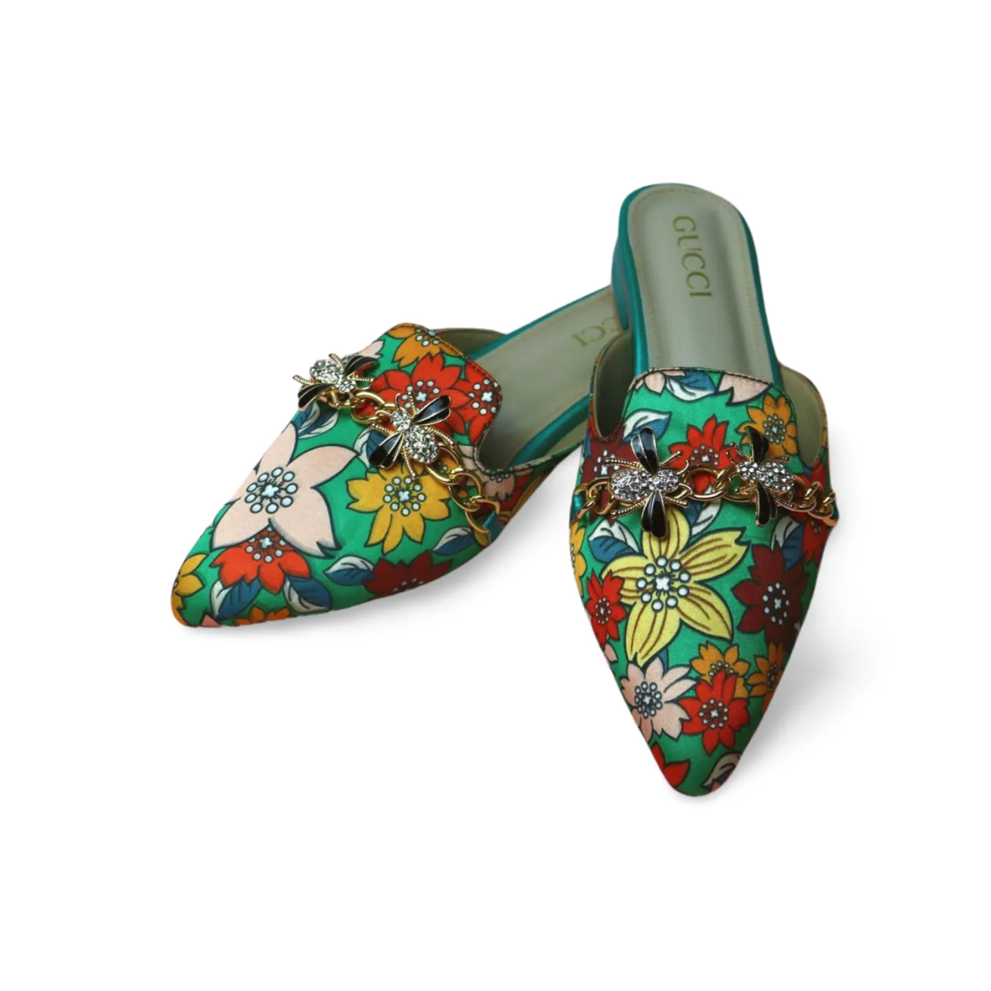 Floral Mules with Rhinestone Bee Embellishment -1013