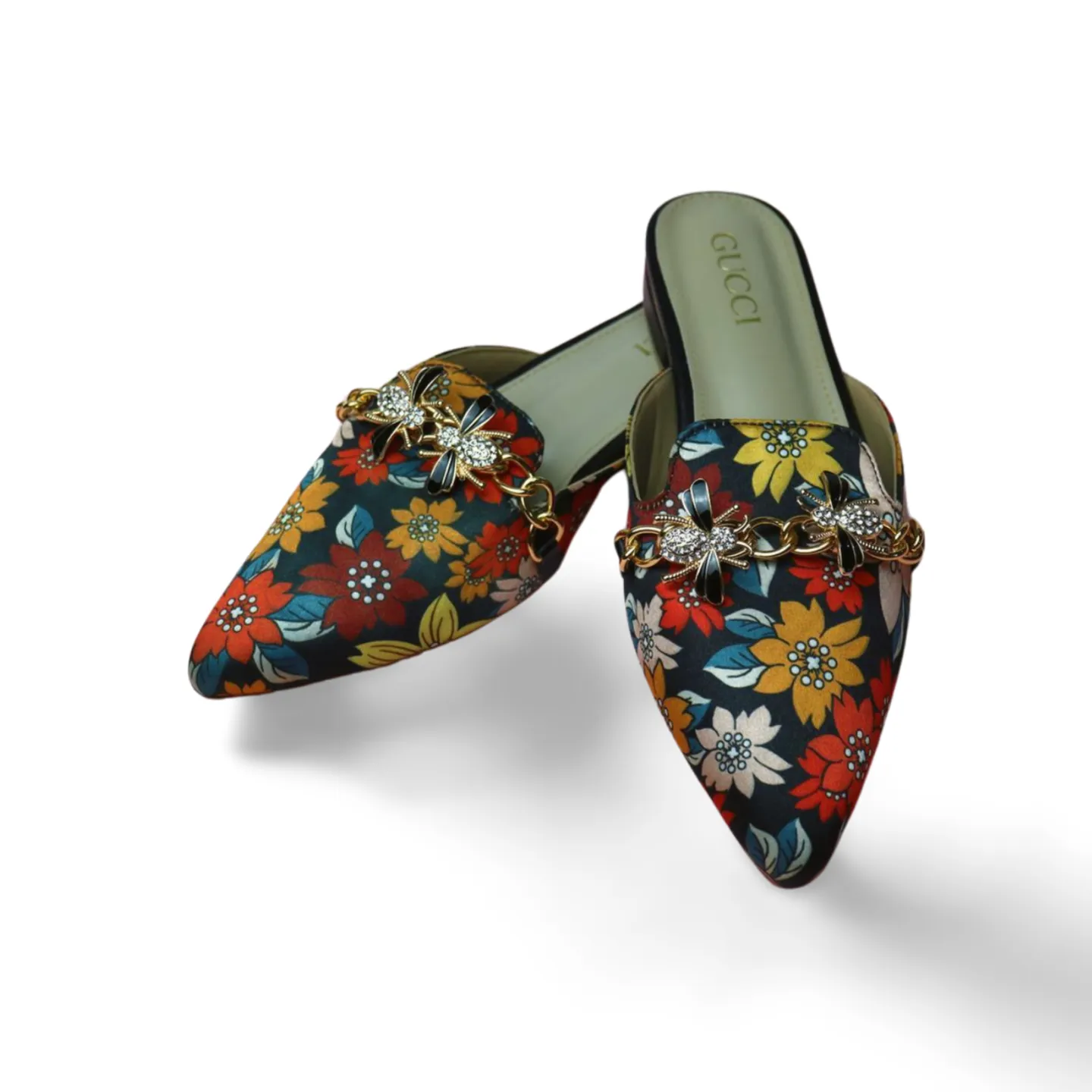 Floral Mules with Rhinestone Bee Embellishment -1013