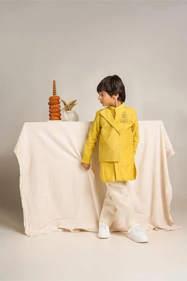 Frere Jacques- Yellow Chanderi Silk Hand Embroidered Asymmetrical Kurta with White Pants Set for Boys