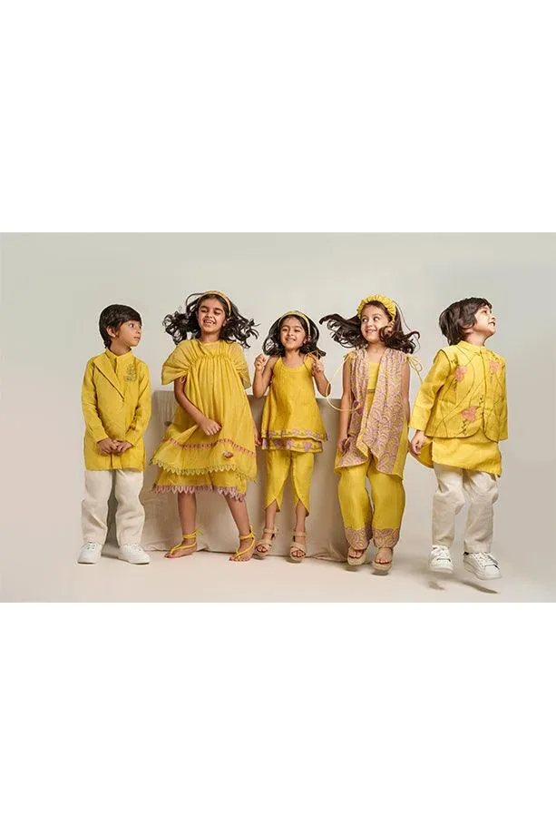 Frere Jacques- Yellow Chanderi Silk Hand Embroidered Asymmetrical Kurta with White Pants Set for Boys