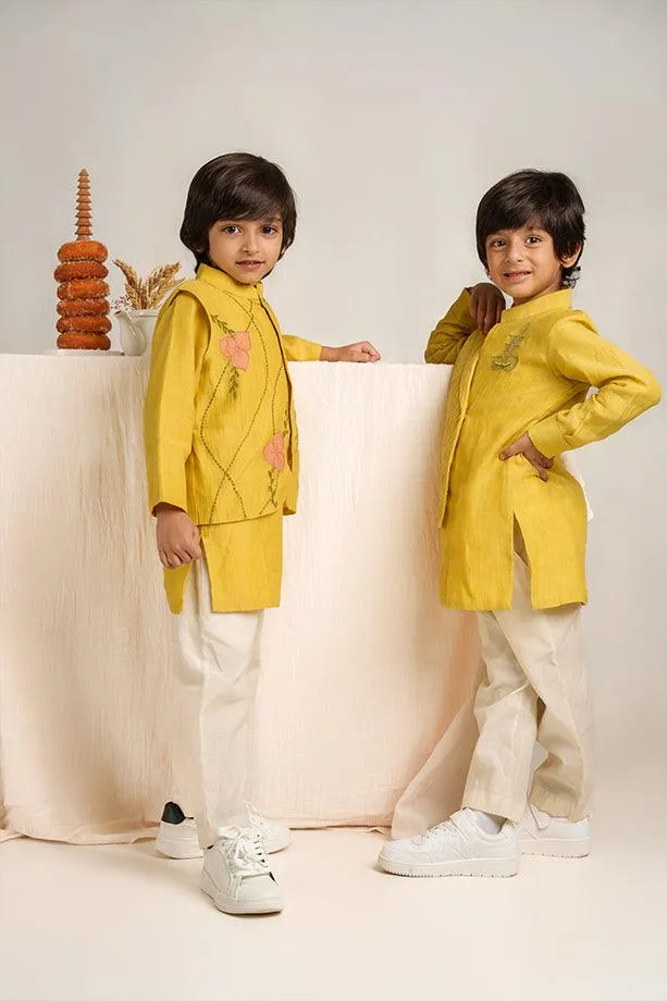 Frere Jacques- Yellow Chanderi Silk Hand Embroidered Asymmetrical Kurta with White Pants Set for Boys