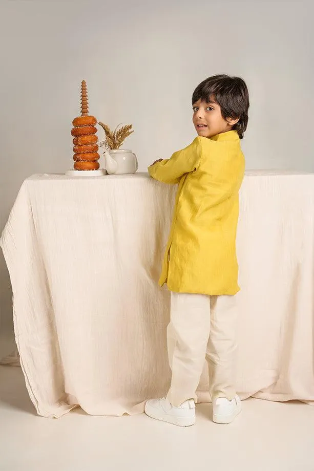 Frere Jacques- Yellow Chanderi Silk Hand Embroidered Asymmetrical Kurta with White Pants Set for Boys