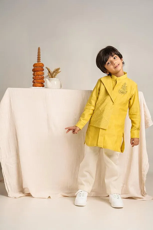 Frere Jacques- Yellow Chanderi Silk Hand Embroidered Asymmetrical Kurta with White Pants Set for Boys