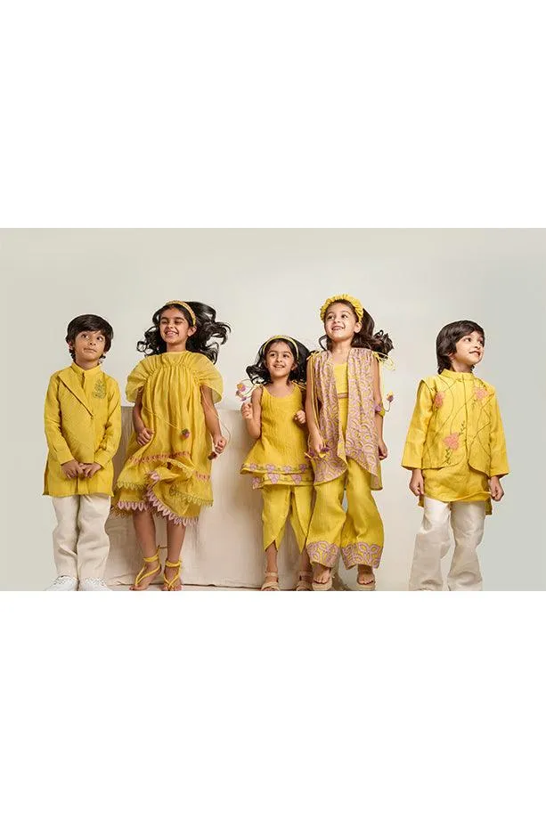 Frere Jacques- Yellow Chanderi Silk Hand Embroidered Asymmetrical Kurta with White Pants Set for Boys