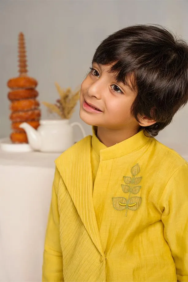 Frere Jacques- Yellow Chanderi Silk Hand Embroidered Asymmetrical Kurta with White Pants Set for Boys