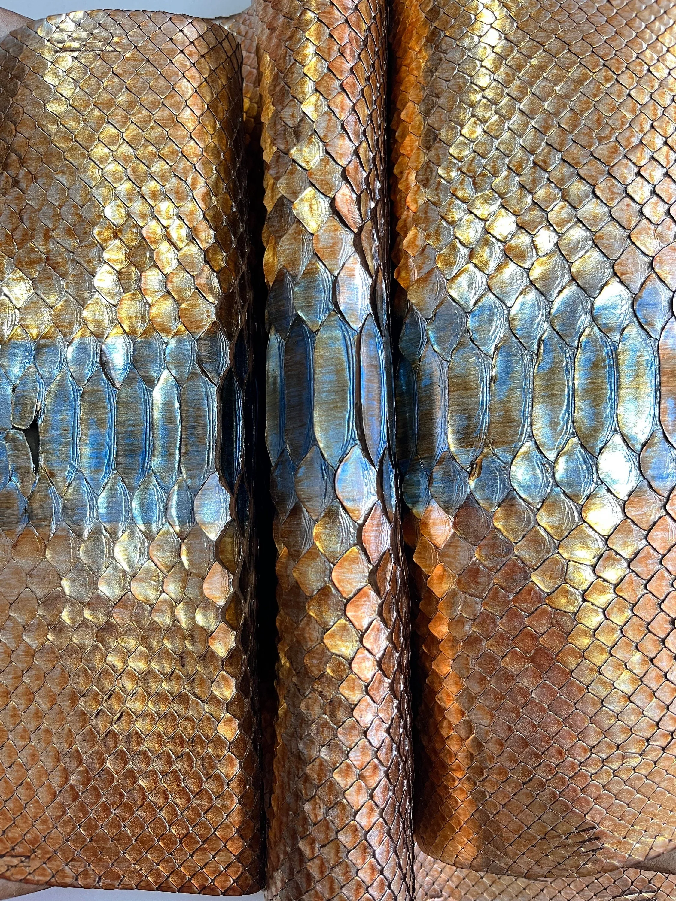 Genuine python leather, real snake leather color gold, and silver, long and wide snakeskin of thick 1,0mm(2 1/2 oz)