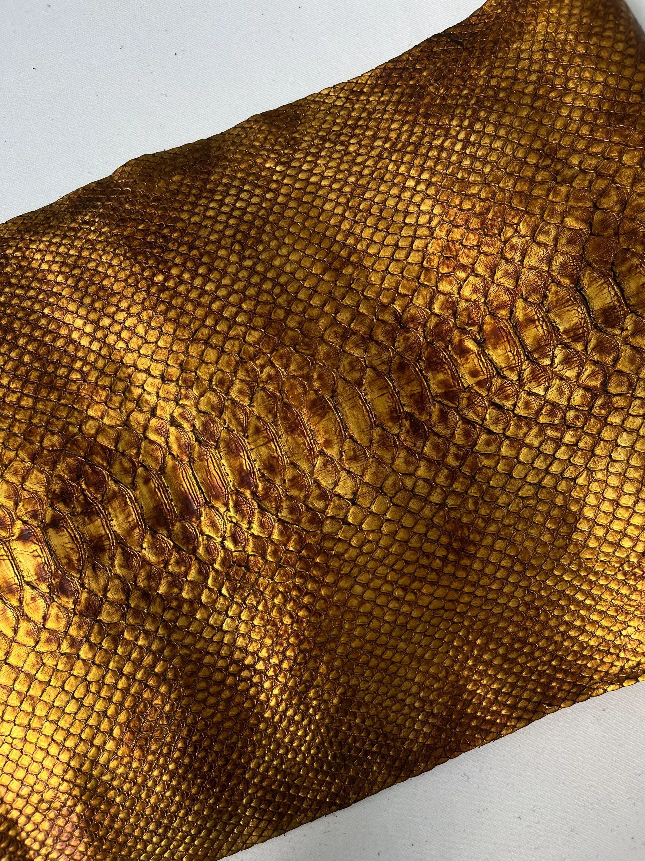 Genuine python leather, real snake leather color rusty metallic, long and wide snakeskin of thick 1,0mm(2 1/2 oz)