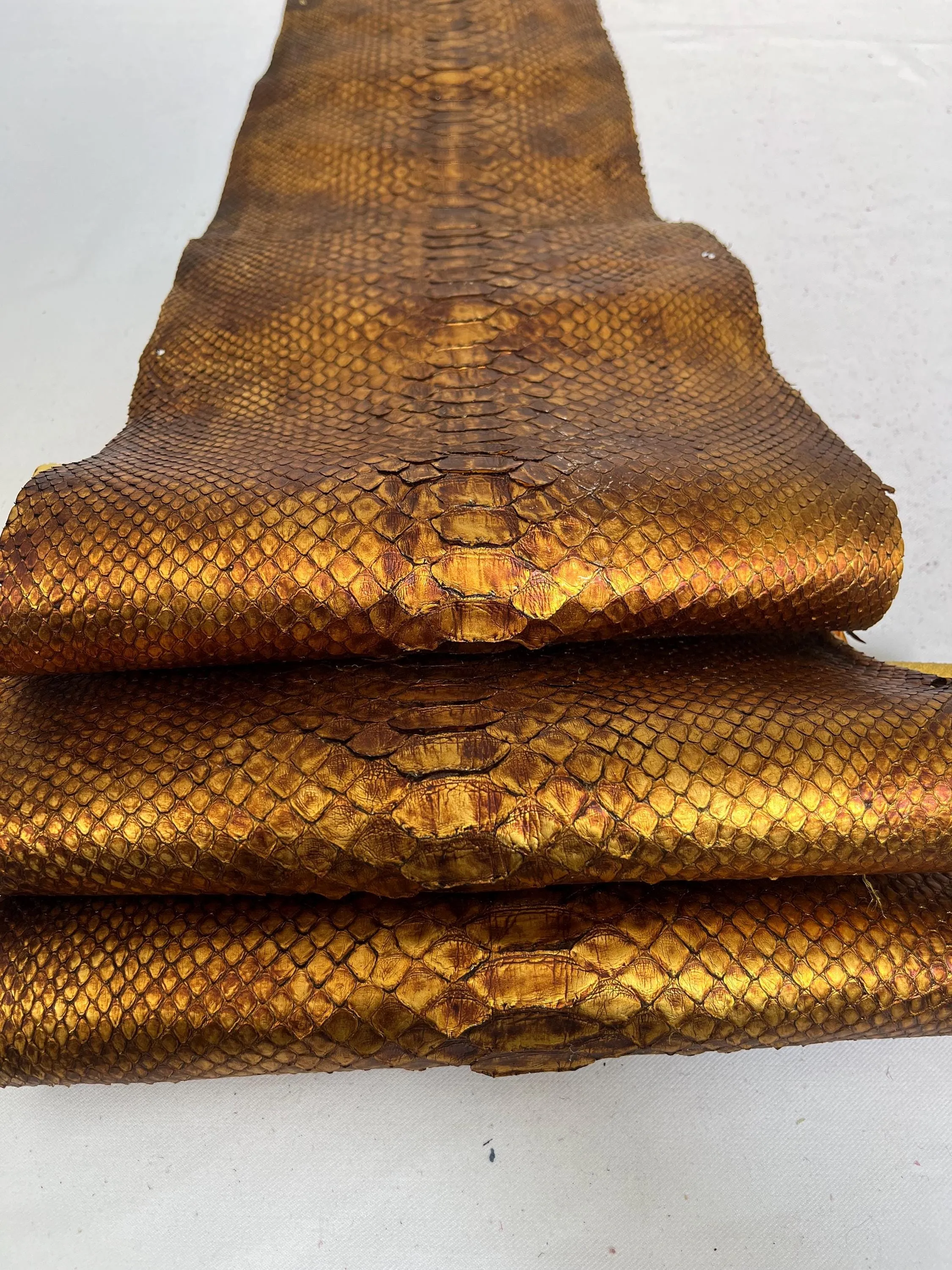 Genuine python leather, real snake leather color rusty metallic, long and wide snakeskin of thick 1,0mm(2 1/2 oz)