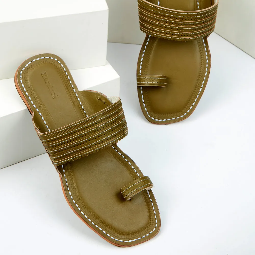 Green Handstitched Leather Kolhapuri Men Slipper